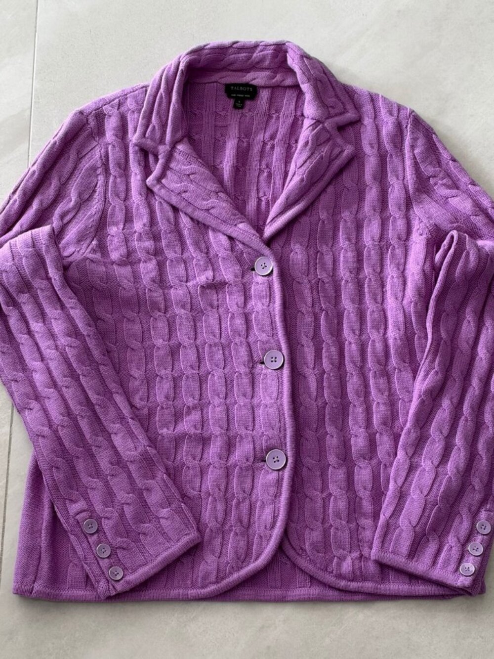 Talbots Purple Merino Wool Cable Knit Button Cardigan Sweater Womens L